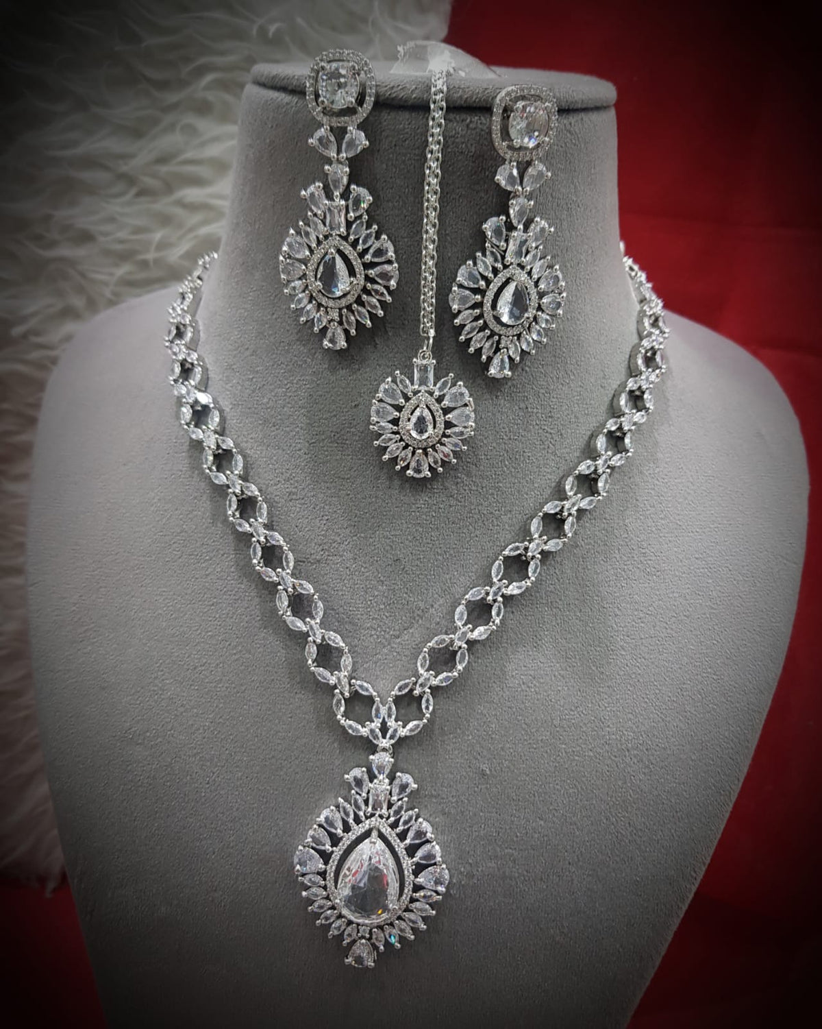 Delicate Soft Elegance AD Necklace Earrings Maangtika Set, CZ Necklace Set, Celebrities AD Jewellery, CZ Wedding Necklace Set - Libasaa.com