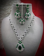 Delicate Soft Elegance AD Necklace Earrings Maangtika Set, CZ Necklace Set, Celebrities AD Jewellery, CZ Wedding Necklace Set - Libasaa.com