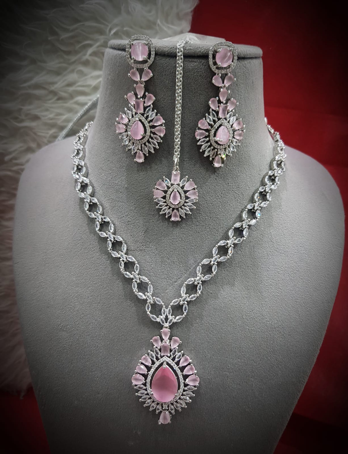 Delicate Soft Elegance AD Necklace Earrings Maangtika Set, CZ Necklace Set, Celebrities AD Jewellery, CZ Wedding Necklace Set - Libasaa.com