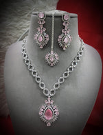 Delicate Soft Elegance AD Necklace Earrings Maangtika Set, CZ Necklace Set, Celebrities AD Jewellery, CZ Wedding Necklace Set - Libasaa.com