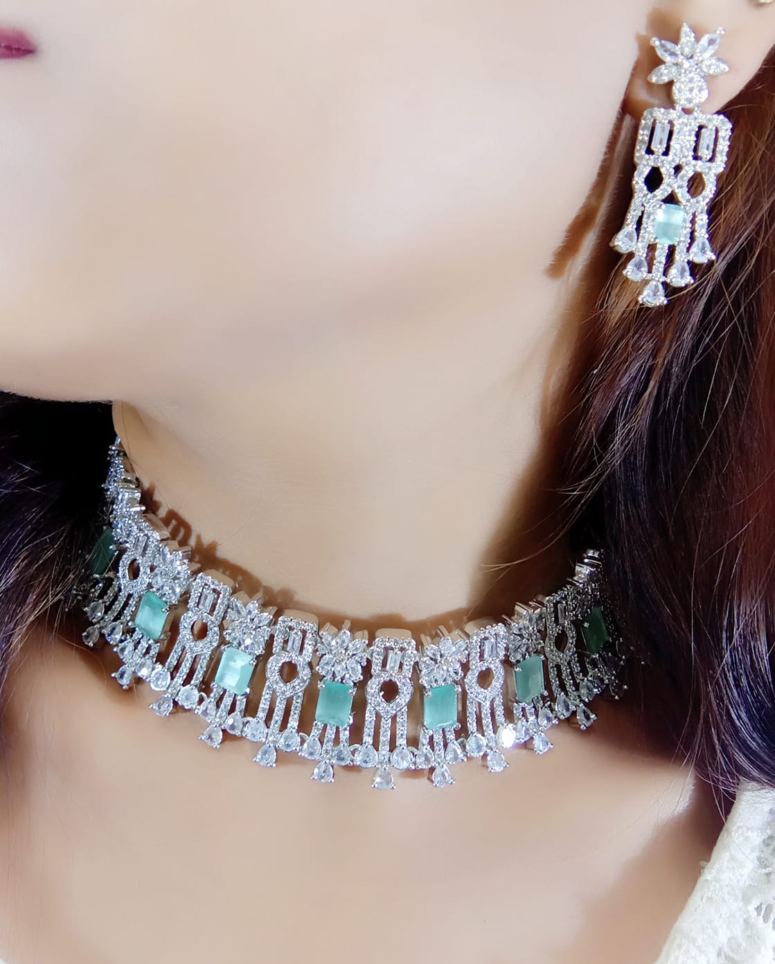 Pakistani Floral Earrings CZ Choker Jewellery Set, Pakistani AD Choker Set, AD Earrings Set, Indian Bridal AD Jewelry, CZ Jewelry, Bollywood AD Jewellery Set, AD Celebrity Jewelry - Libasaa.com