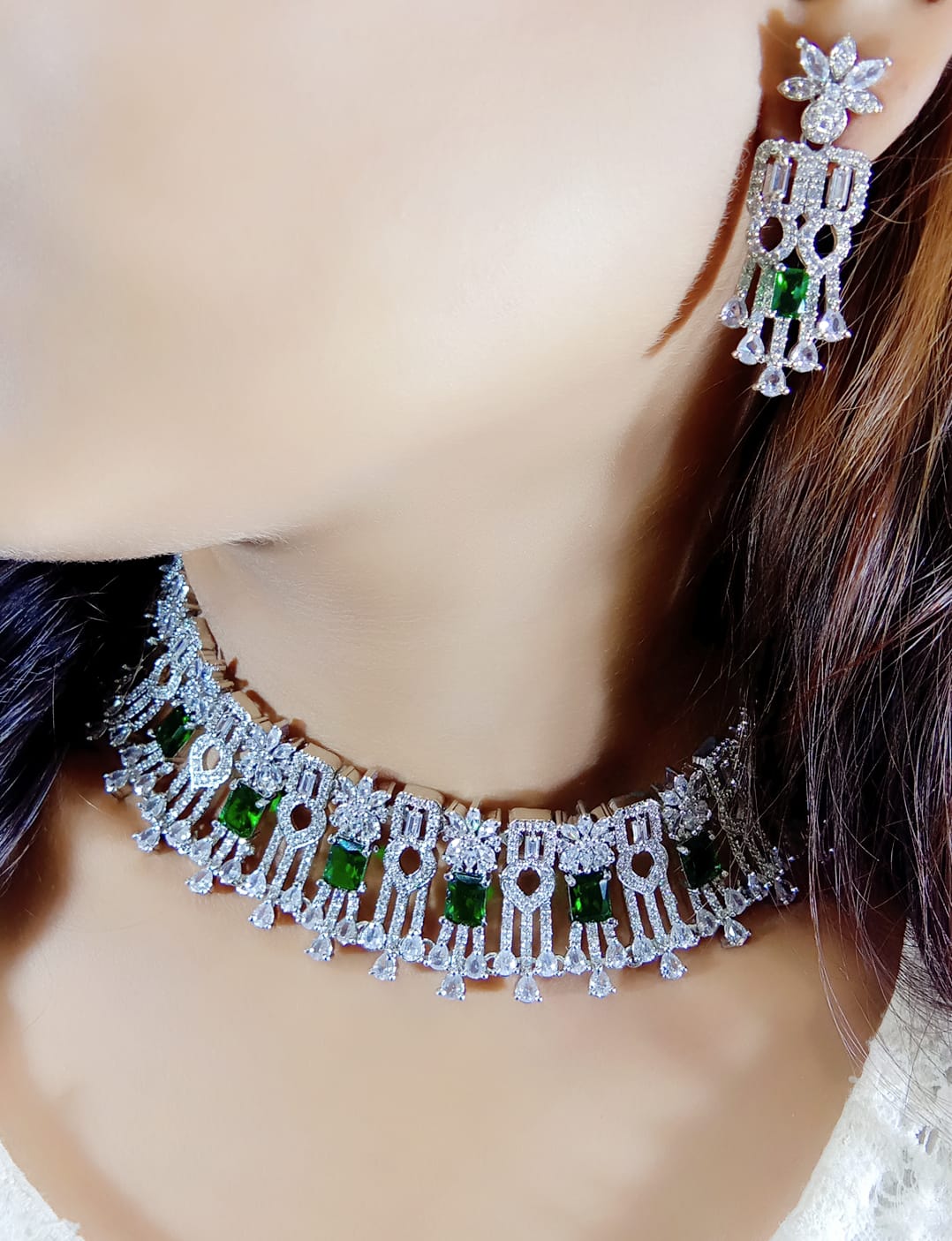 Pakistani Floral Earrings CZ Choker Jewellery Set, Pakistani AD Choker Set, AD Earrings Set, Indian Bridal AD Jewelry, CZ Jewelry, Bollywood AD Jewellery Set, AD Celebrity Jewelry - Libasaa.com