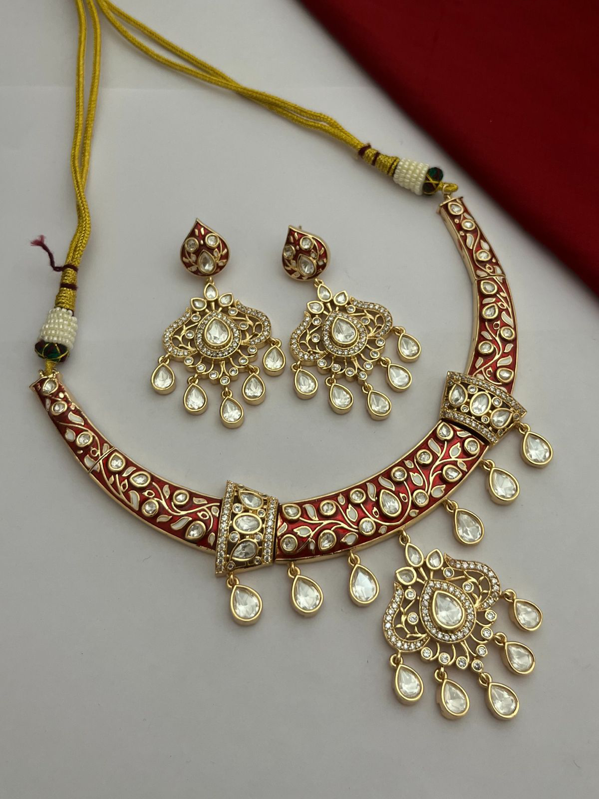 Enamel Drops AD Bridal Choker Floral Earrings Set, AD Wedding Choker Set, Indian Choker Jewelry, Celebrities American Diamond Choker Set, CZ Jewellery - Libasaa.com