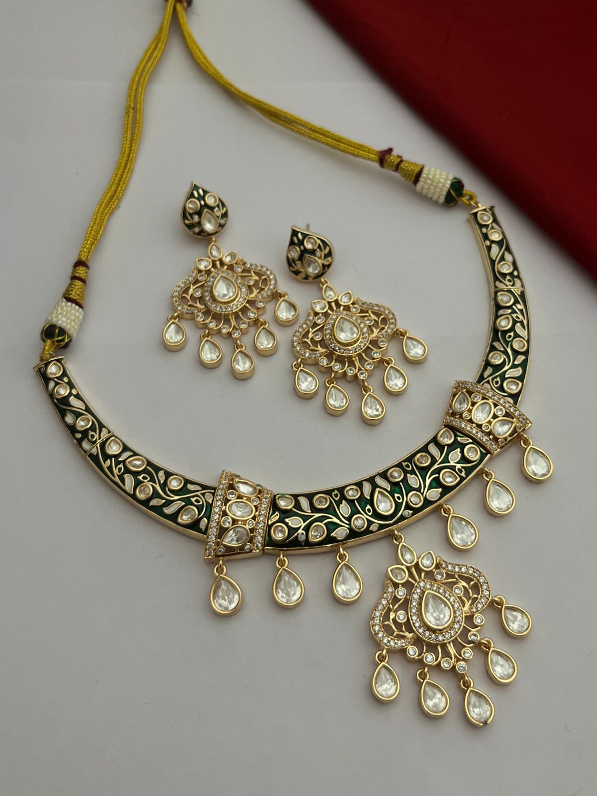 Enamel Drops AD Bridal Choker Floral Earrings Set, AD Wedding Choker Set, Indian Choker Jewelry, Celebrities American Diamond Choker Set, CZ Jewellery - Libasaa.com
