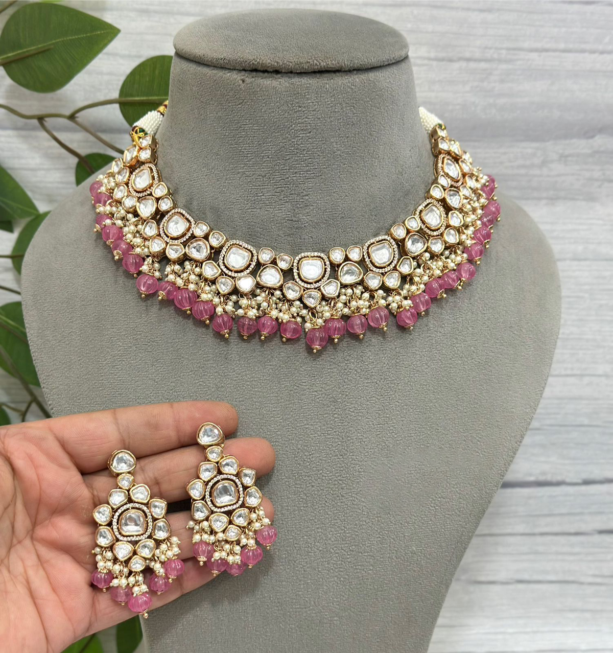Bollywood Inspired Polki Choker Set, Indian Polki Jewelry Set, Pakistani Polki Jewelry Set, Wedding Jewelry Set - Libasaa.com