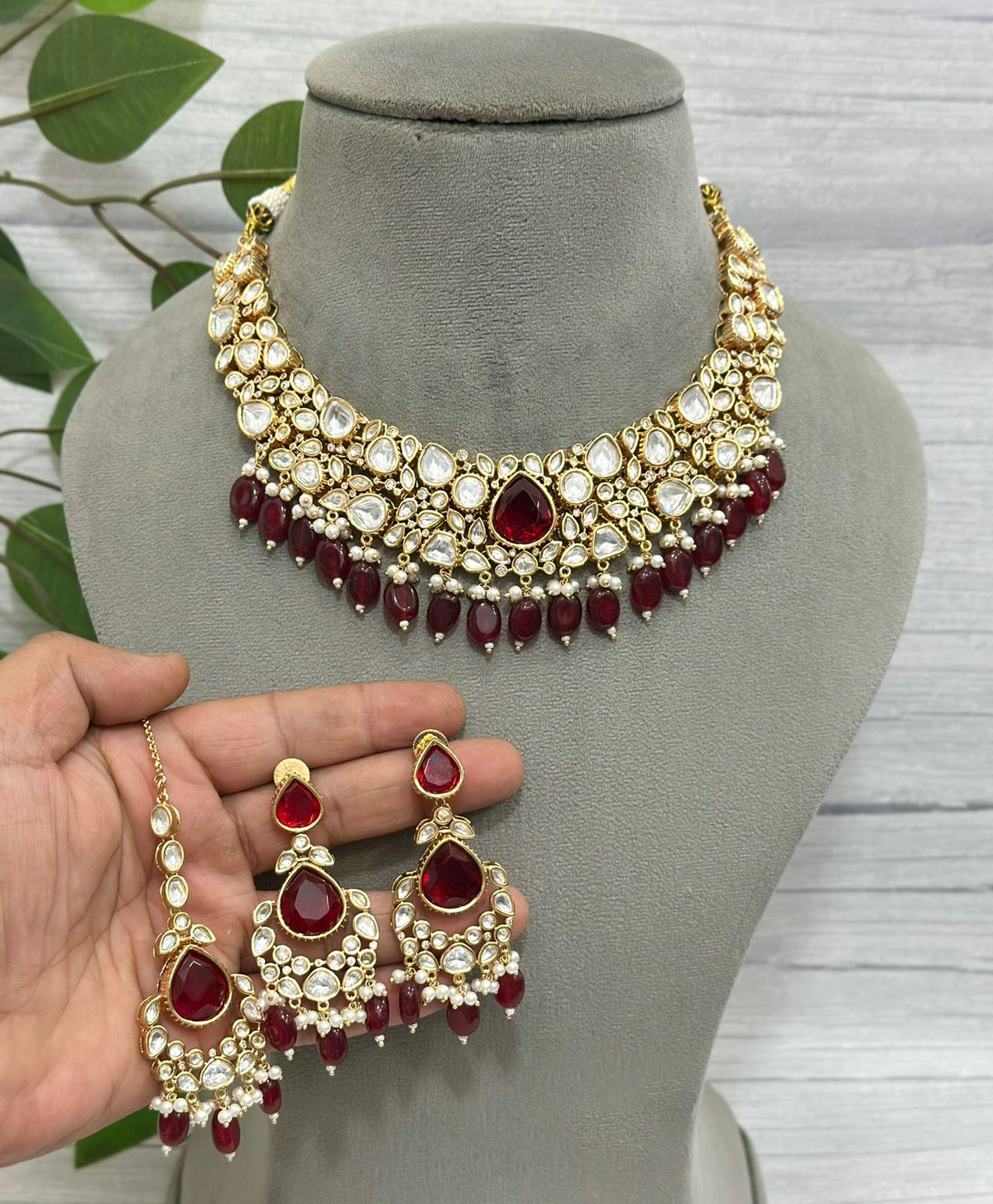 Red Festive Polki Choker Earrings Mangtika Set, Red Polki Jewelry, Indian Ethnic Jewelry, Wedding Choker Set, Celebrity Inspired Jewelry Set - Libasaa.com