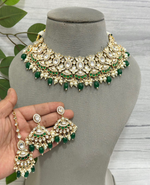Floral Green Polki Choker Earrings Mangtika Set, Floral Polki Jewelry Set, Indian Polki Jewelry, Celebrity Polki Jewelry Set - Libasaa.com