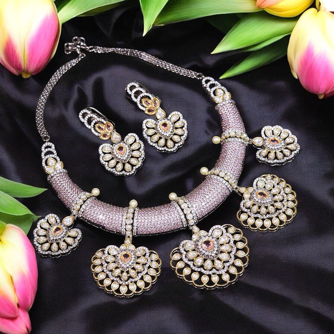 Rajsthani Heart Shaped Choker Earrings Set, Jaipuri Heart Shaped Jewelry, Indian Jewelry Set, Jaipuri Choker Set, Pakistani Choker Set - Libasaa.com