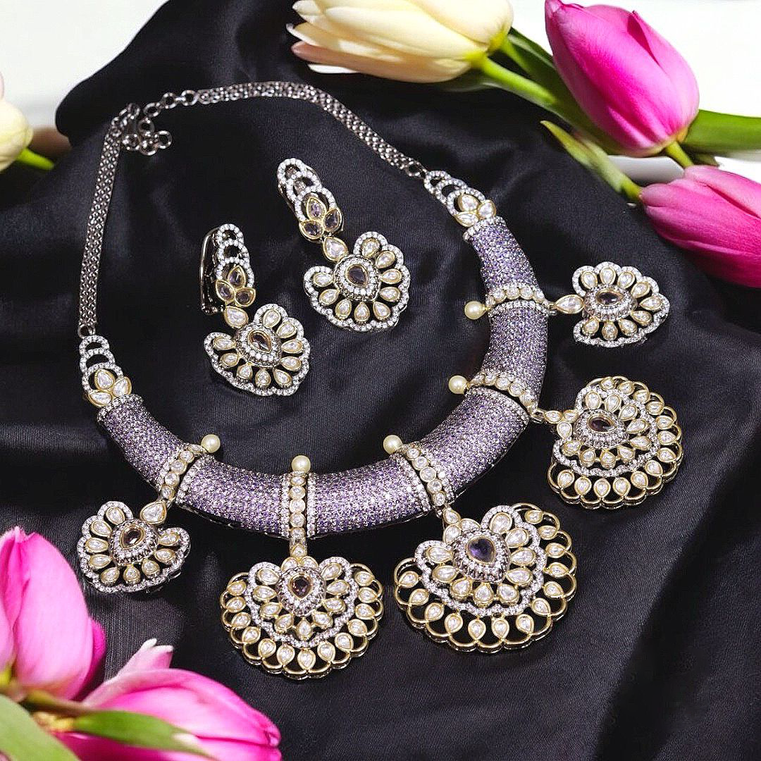 Rajsthani Heart Shaped Choker Earrings Set, Jaipuri Heart Shaped Jewelry, Indian Jewelry Set, Jaipuri Choker Set, Pakistani Choker Set - Libasaa.com