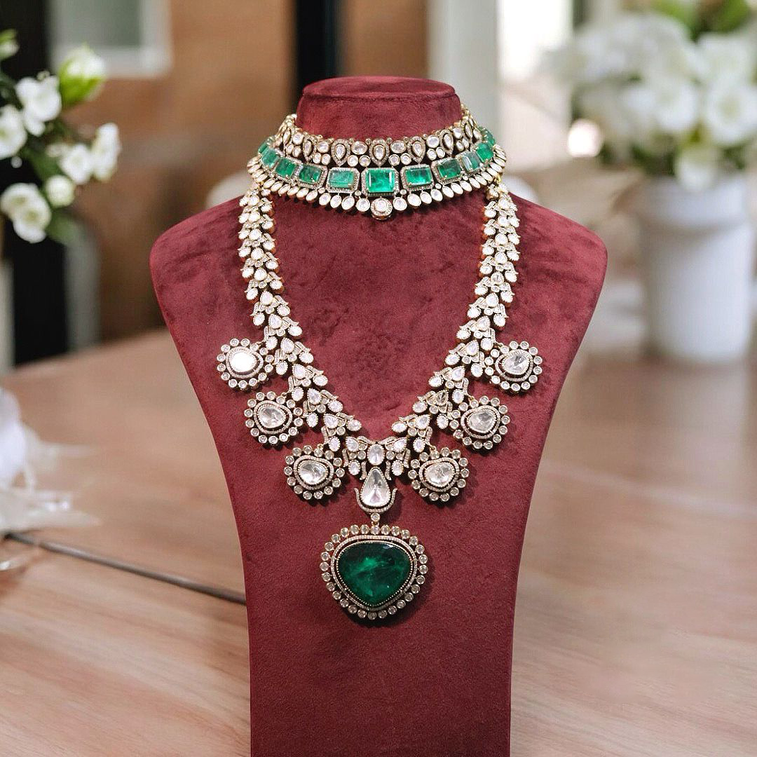 Handmade Polki Necklace Combined Choker Jewelry Set, Polki Necklace Choker Set, Green Polki Jewlry Set, Indian Necklace Combined Choker Set, - Libasaa.com