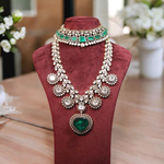 Handmade Polki Necklace Combined Choker Jewelry Set, Polki Necklace Choker Set, Green Polki Jewlry Set, Indian Necklace Combined Choker Set, - Libasaa.com