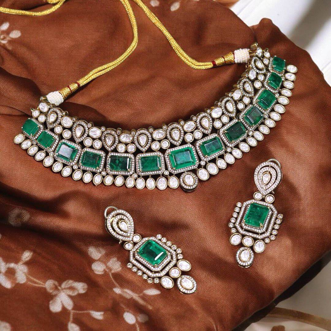 Bollywood Green Polki Choker Jewelry Set, Indian Polki Choker Set, Pakistani Choker Set, Wedding Choker Set - Libasaa.com