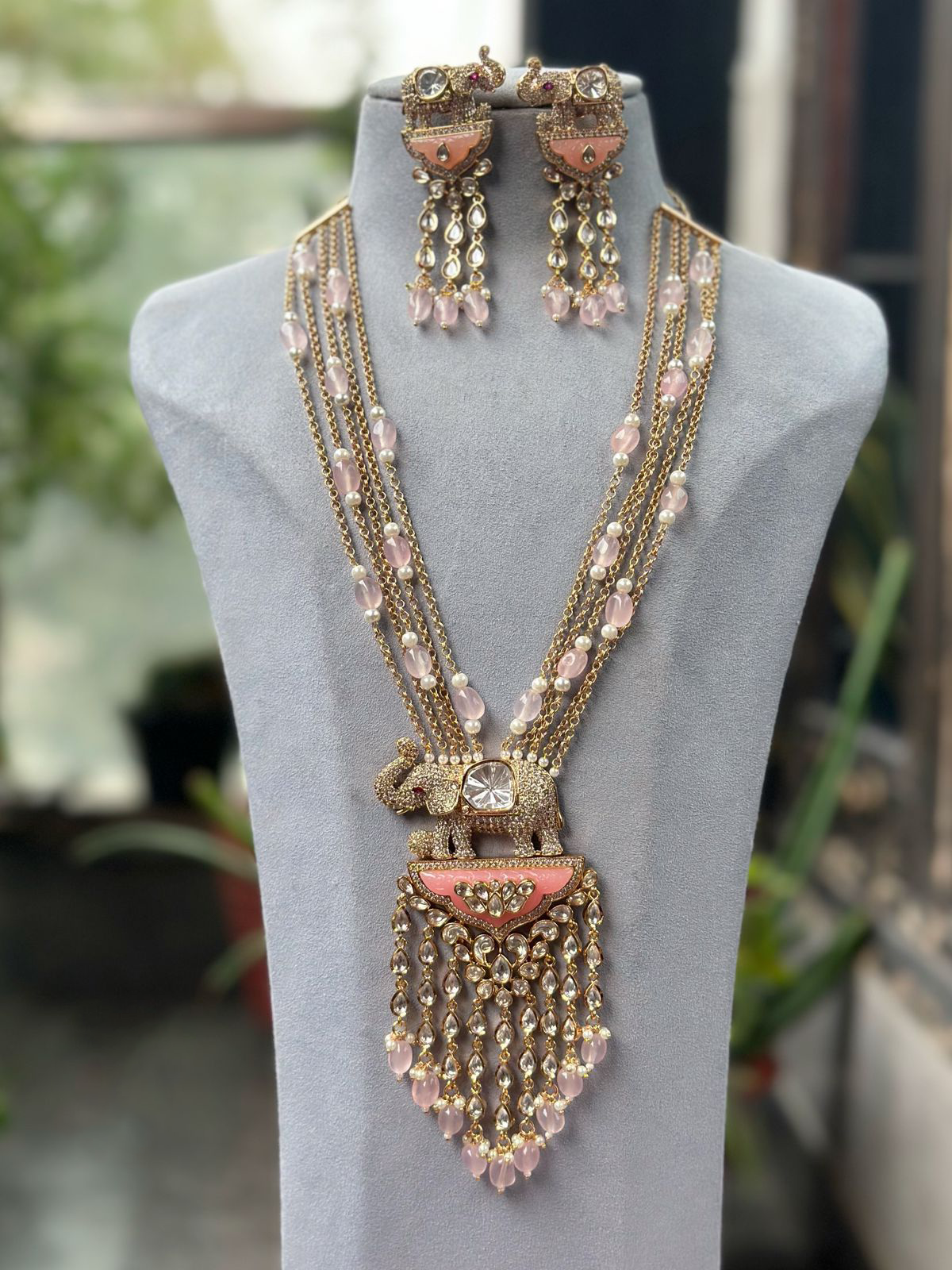 Elephant Inspired Celebrity Necklace Earrings Set, Elephant Design Indian Jewelry, Elephant Necklace Set, Bollywood Polki Neckace Set - Libasaa.com