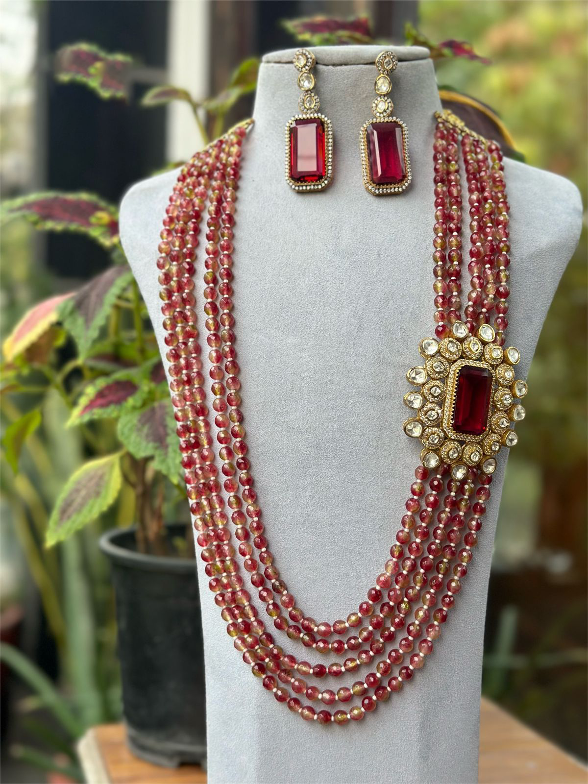 Indian Wedding Multi Layer Polki Necklace Earrings Set, Layered Polki Necklace Set, Pakistani Bridal Polki Jewelry, Layer Polki Necklace Set - Libasaa.com