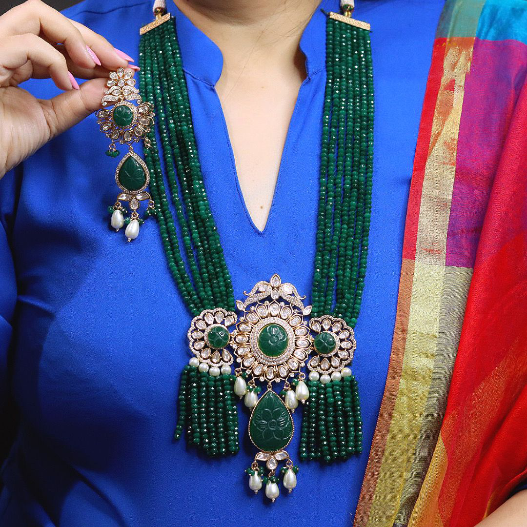 Rajsthani Ethnic Polki Necklace Earrrings Set, Jaipuri Polki Necklace Set, Indian Polki Jewelry Set, Pakistani Polki Jewelry, Celebrity Jewlery Set - Libasaa.com