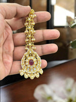 Golden & Red Kundan Maang Tikka with Pearls | Bridal & Festive Hair Jewelry - Libasaa.com