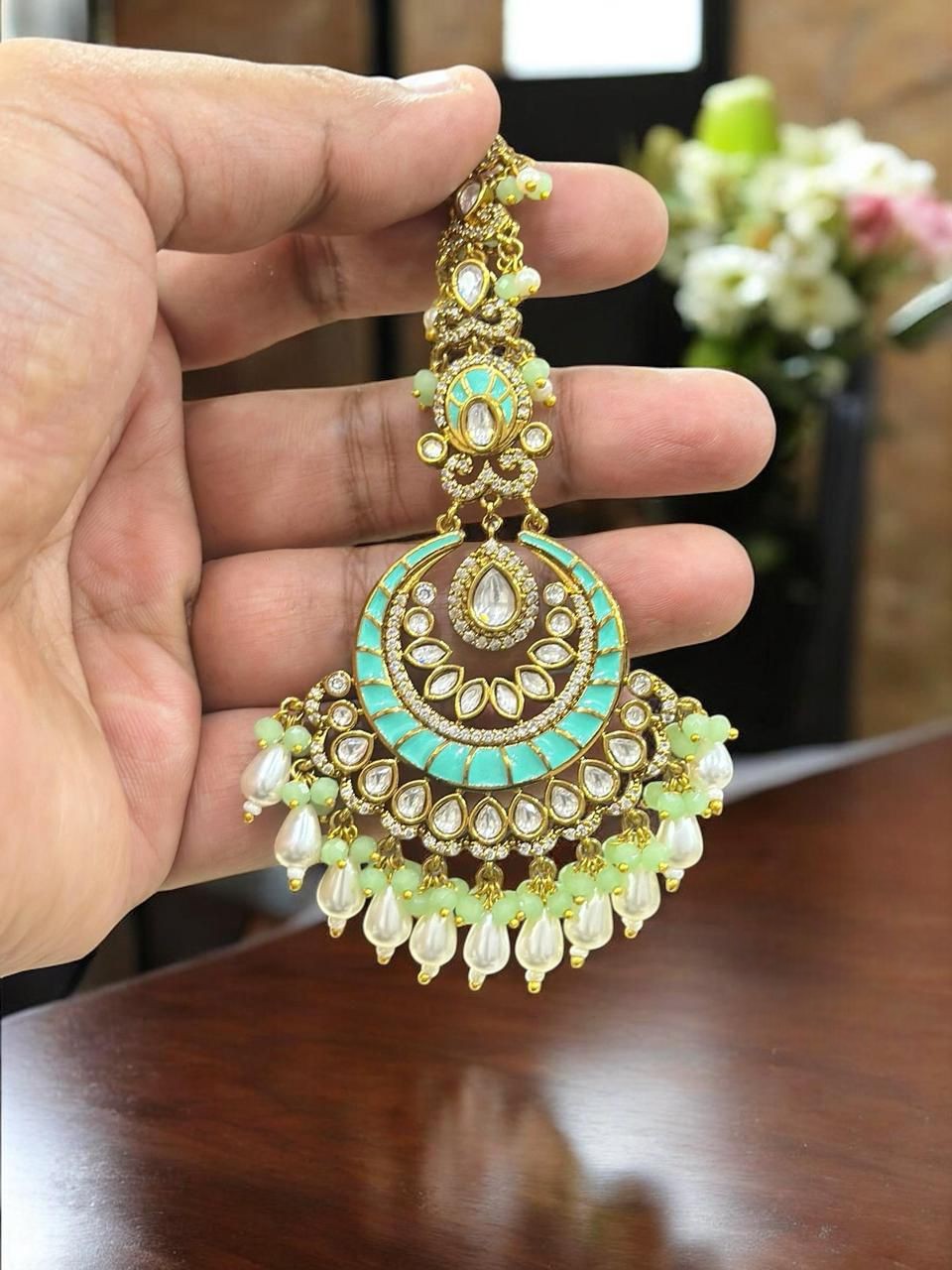 Turquoise & Gold Plated Kundan Maang Tikka with Pearls | Bridal & Festive Hair Jewelry - Libasaa.com