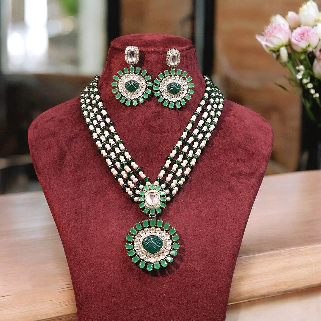 Emerald Green Multi Layer Polki Necklace Set, Green Polki Jewelry, Indian Polki Jewelry Set, Pakistani Necklace Set, Bollywood Necklace Set - Libasaa.com