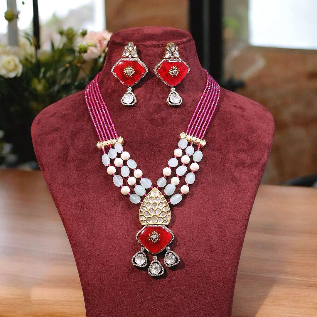 Red Jaipuri Polki Necklace Set, Red Polki Jewelry, Indian Jaipuri Polki Necklace Set, Celebrity Polki Necklace Set - Libasaa.com