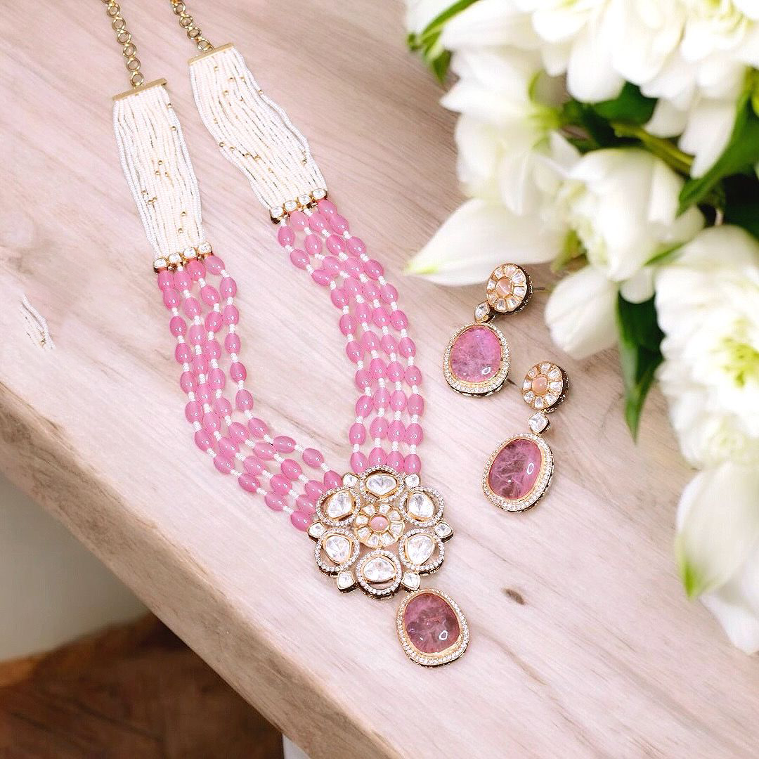Pink Polki Stone Layered Necklace Set, Indian Polki Jewelry, Pink Polki Pakistani Jewelry, Wedding Pink Jewelry, Bollywood Pink Necklace Set - Libasaa.com