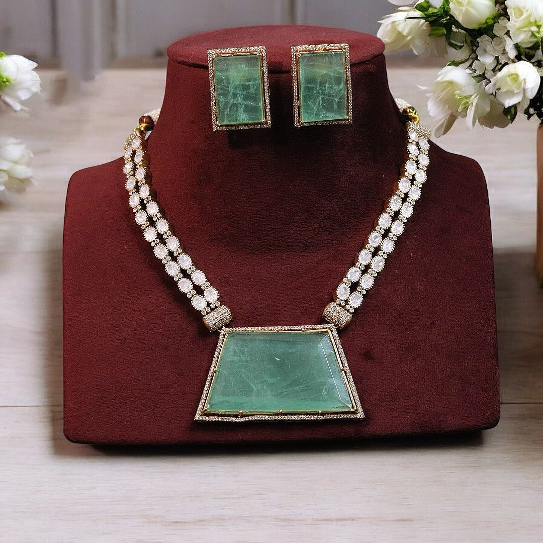 Elegant Rectangular Stone Bridal Necklace Set, Rectangular Stone Indian Jewelry Set, Pakistani Polki Necklace Set, Celebrity Inspired Necklace Set - Libasaa.com