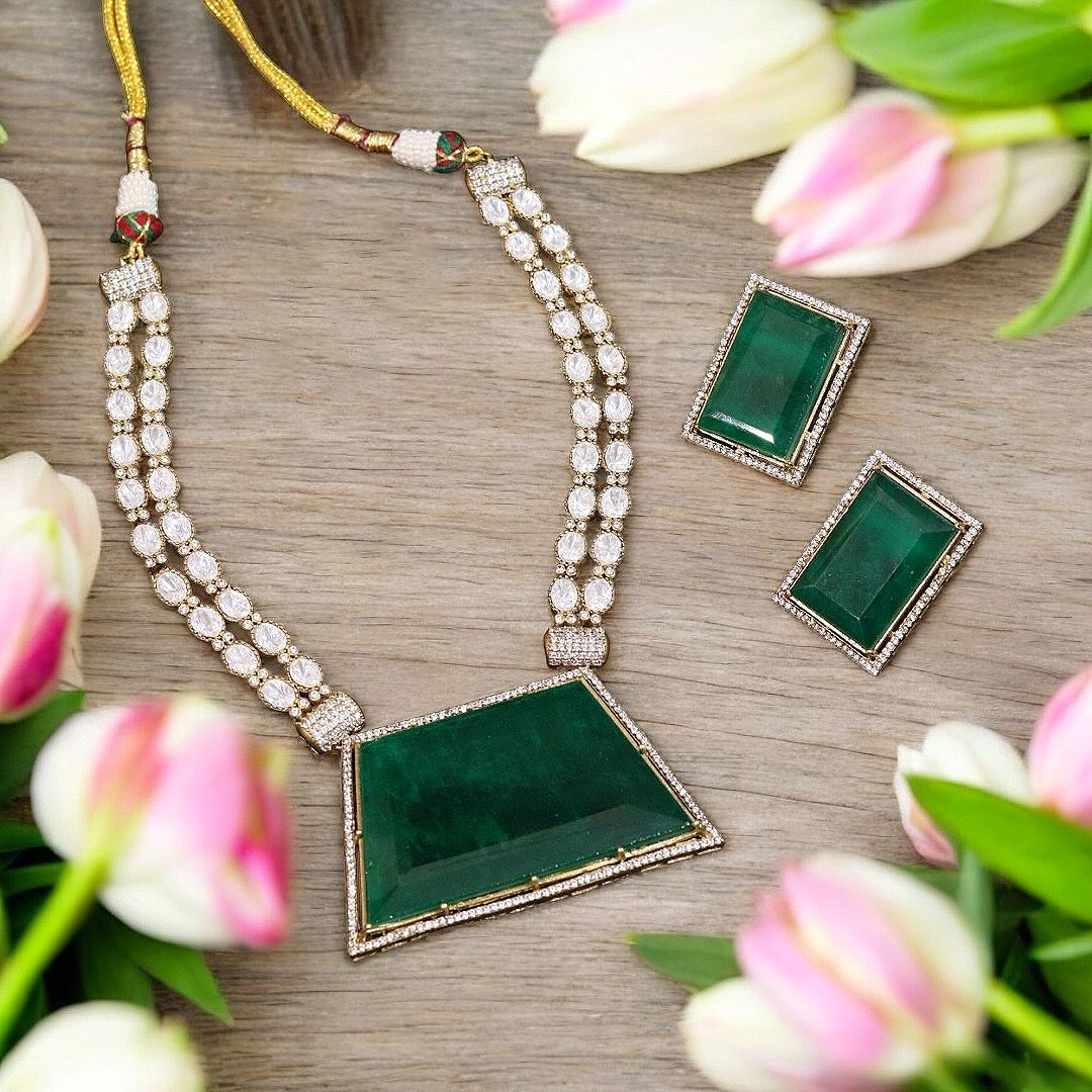 Elegant Rectangular Stone Bridal Necklace Set, Rectangular Stone Indian Jewelry Set, Pakistani Polki Necklace Set, Celebrity Inspired Necklace Set - Libasaa.com