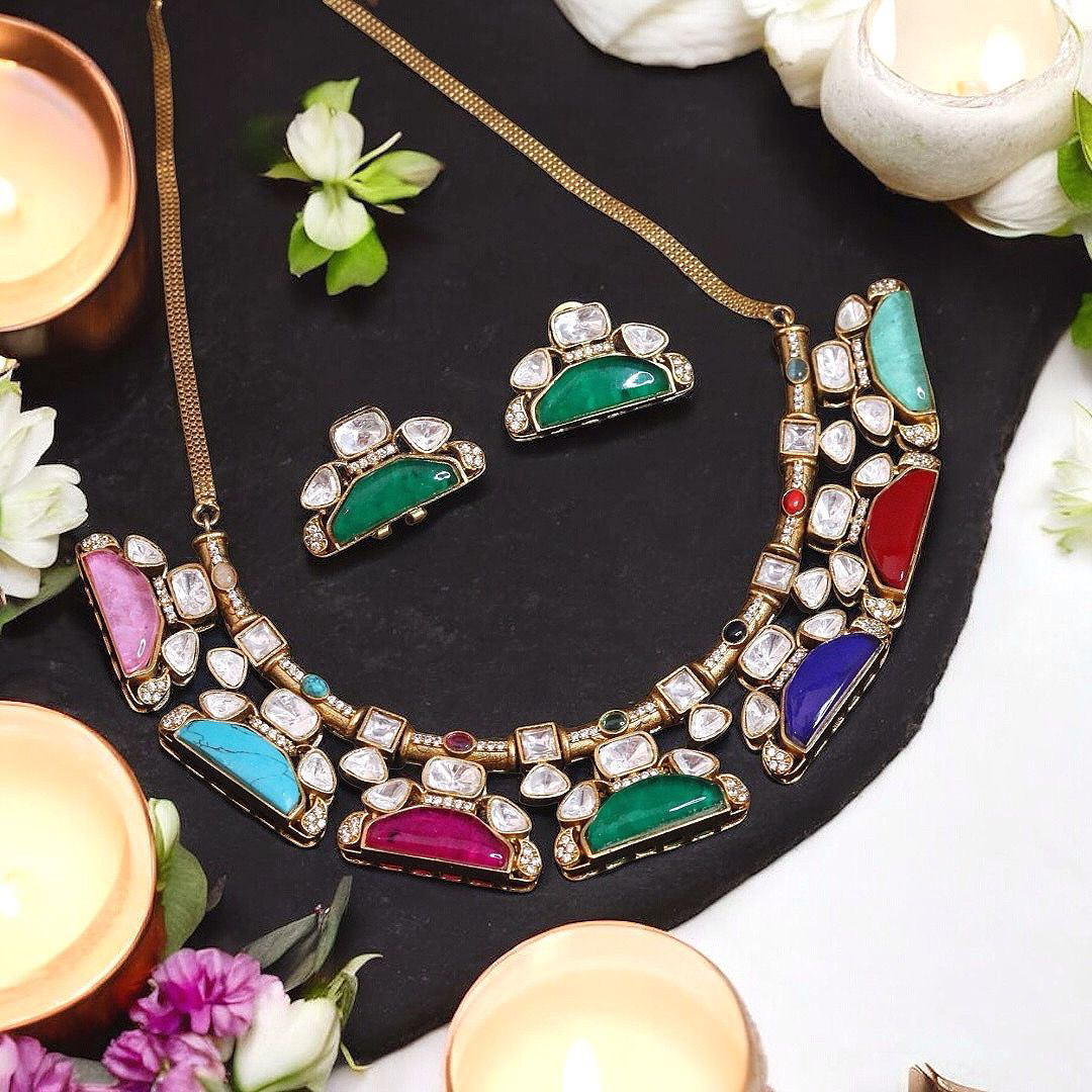 Ethnic Pakistani Bridal Polki Choker Earrings Set, Bollywood Polki Choker, Indain Wedding Polki Choker, Wedding Polki Jewelry Set - Libasaa.com