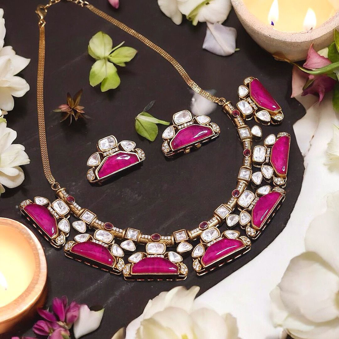 Ethnic Pakistani Bridal Polki Choker Earrings Set, Bollywood Polki Choker, Indain Wedding Polki Choker, Wedding Polki Jewelry Set - Libasaa.com