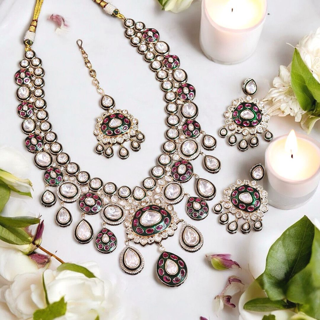 Bollywood Floral Multicolor Polki Necklace Set , Polki Wedding Jewelry, Pakistani Necklace Earrings Mangtika Set - Libasaa.com