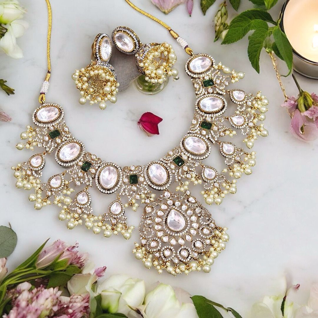 Celebrities Inspired Polki Necklace Jhumki Set, Bollywood Polki Choker Jewelry Set, Indian Polki Necklace Set, Pakistani Polki Choker Set - Libasaa.com