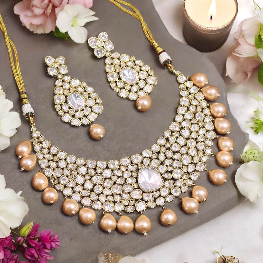 Silver Peach Stone Beaded Polki Choker Set, Bridal Silver Polki Jewelry, Indian Silver Polki Choker Set, Bollywood Polki jewelry Set, Celebrity Polki Jewelry - Libasaa.com