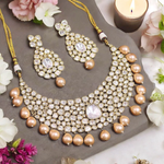 Silver Peach Stone Beaded Polki Choker Set, Bridal Silver Polki Jewelry, Indian Silver Polki Choker Set, Bollywood Polki jewelry Set, Celebrity Polki Jewelry - Libasaa.com