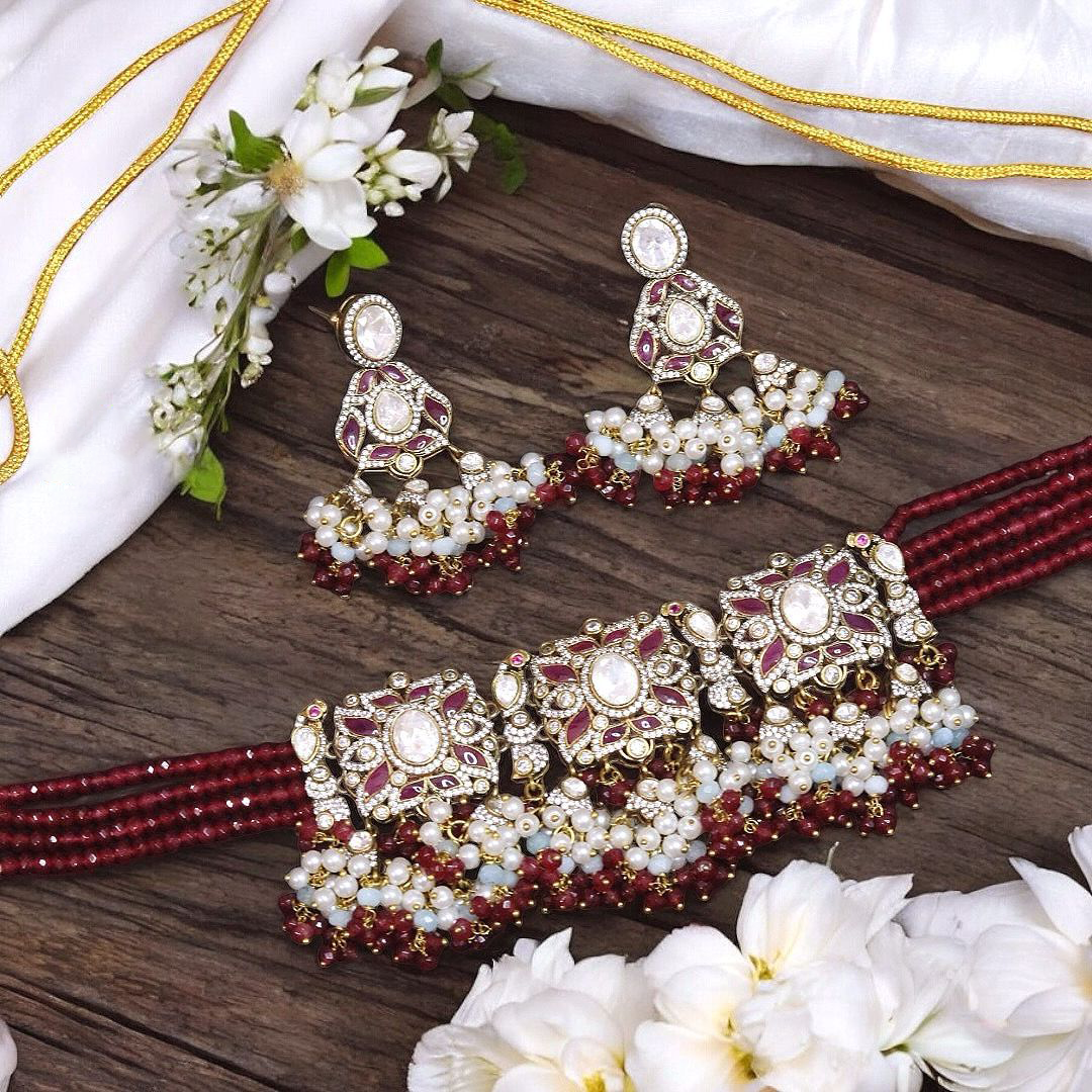 Elegance Wedding Polki Choker Set, Bridal Polki Choker Set, Pakistani Polki Necklace Jewelry Set, Bollywood Polki Jewelry - Libasaa.com