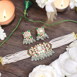Stone Beaded Accents Polki Choker Set, Beaded Polki Indian Jewelry Set, Celebrity Polki Choker Set, Pakistani Choker Set - Libasaa.com