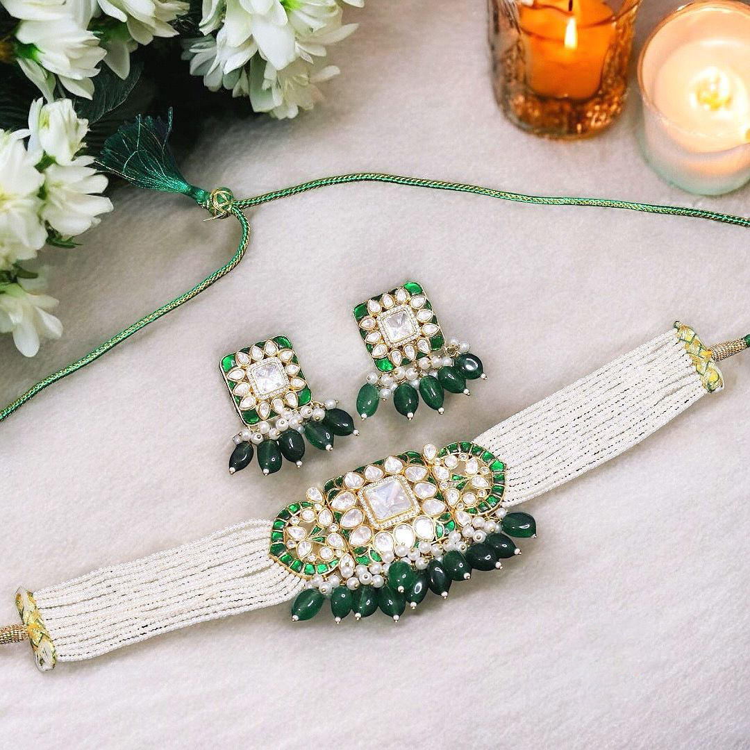 Stone Beaded Accents Polki Choker Set, Beaded Polki Indian Jewelry Set, Celebrity Polki Choker Set, Pakistani Choker Set - Libasaa.com
