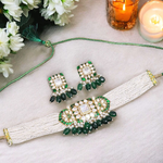 Stone Beaded Accents Polki Choker Set, Beaded Polki Indian Jewelry Set, Celebrity Polki Choker Set, Pakistani Choker Set - Libasaa.com