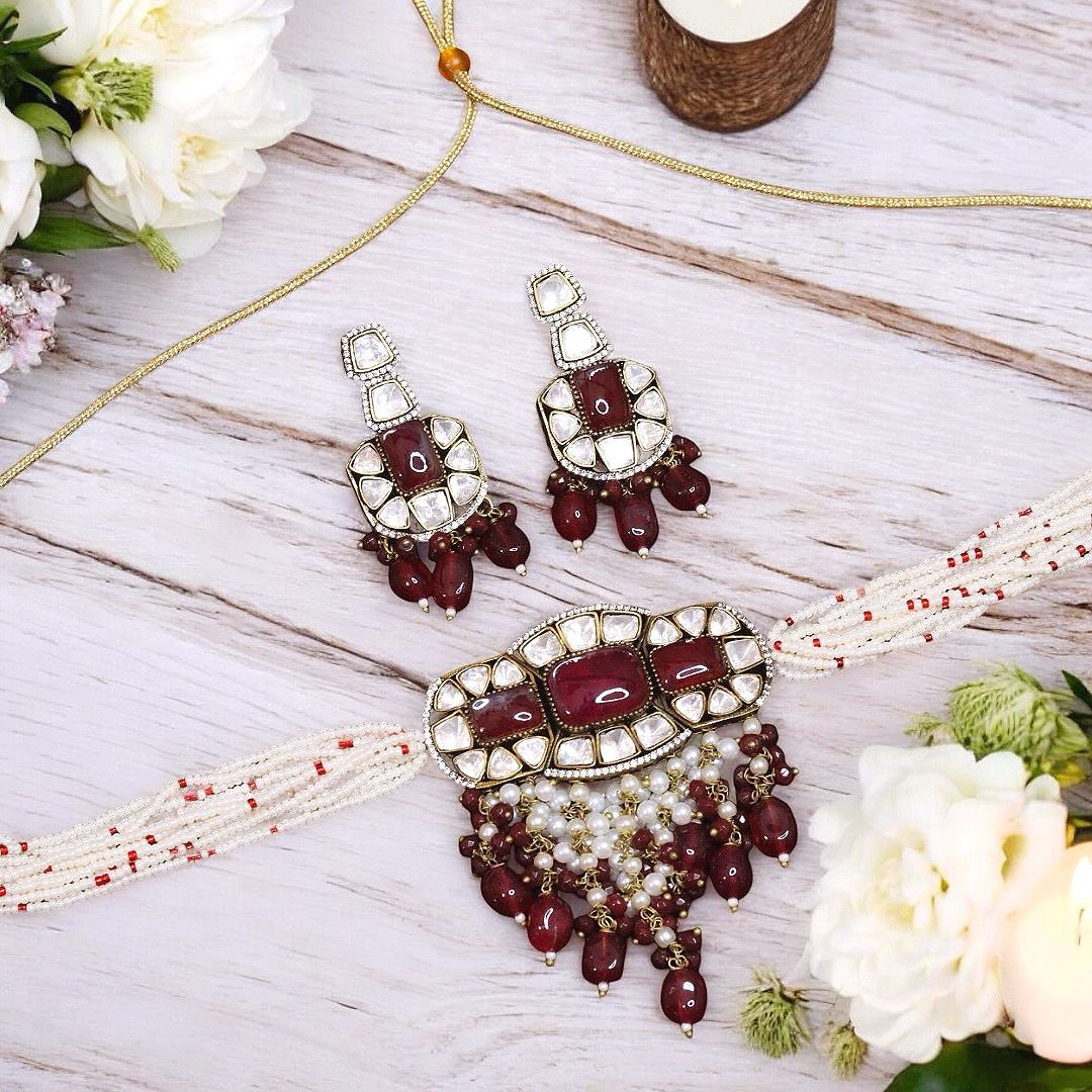 Handcrafted Luxurious Polki Wedding Choker Earrings Set, Indian Polki Jewelry, Bollywood Polki Choker Set, Polki Choker, Polki Earrings Set - Libasaa.com