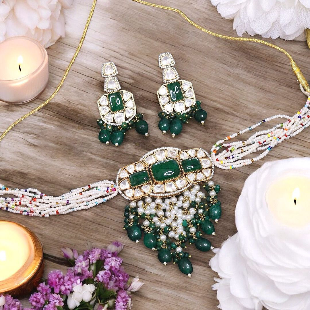 Handcrafted Luxurious Polki Wedding Choker Earrings Set, Indian Polki Jewelry, Bollywood Polki Choker Set, Polki Choker, Polki Earrings Set - Libasaa.com