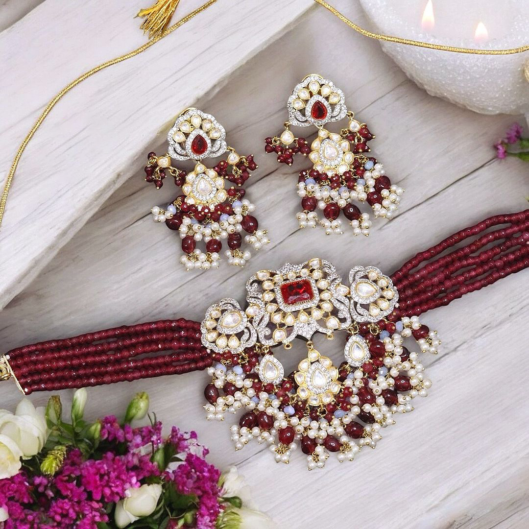 Exquisite Red Floral Polki Choker Earrings Set, Red Polki Indian Jewelry, Handmade Polki Jewelry, Wedding Polki Choker Set, Pakistani Choker - Libasaa.com