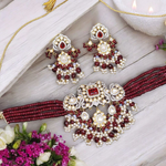 Exquisite Red Floral Polki Choker Earrings Set, Red Polki Indian Jewelry, Handmade Polki Jewelry, Wedding Polki Choker Set, Pakistani Choker - Libasaa.com