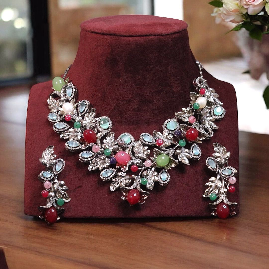 Multicolor Gemstones Bridal Choker Set, Pakistani Floral AD Choker Set, Wedding Indian Polki Choker Set, Bollywood Jewelry Set - Libasaa.com