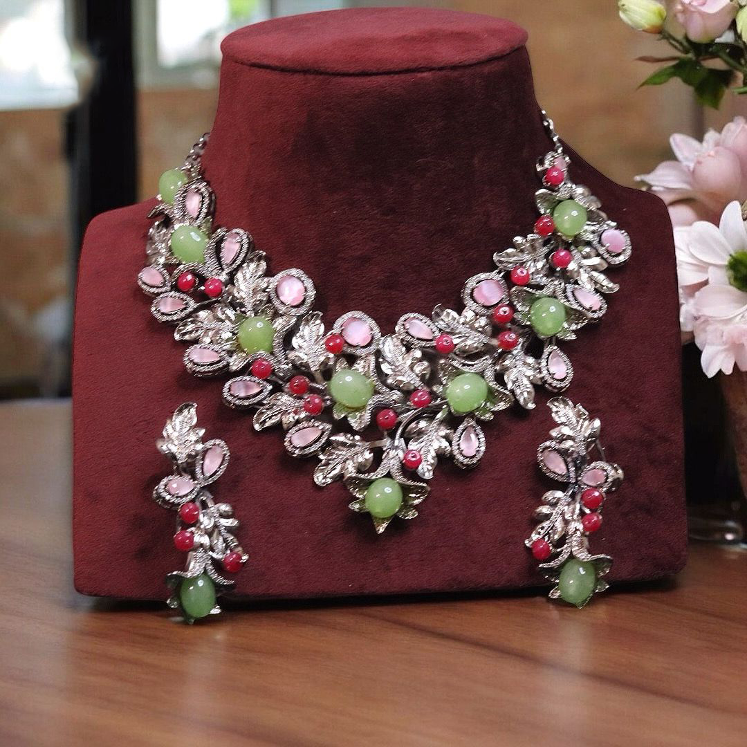 Multicolor Gemstones Bridal Choker Set, Pakistani Floral AD Choker Set, Wedding Indian Polki Choker Set, Bollywood Jewelry Set - Libasaa.com