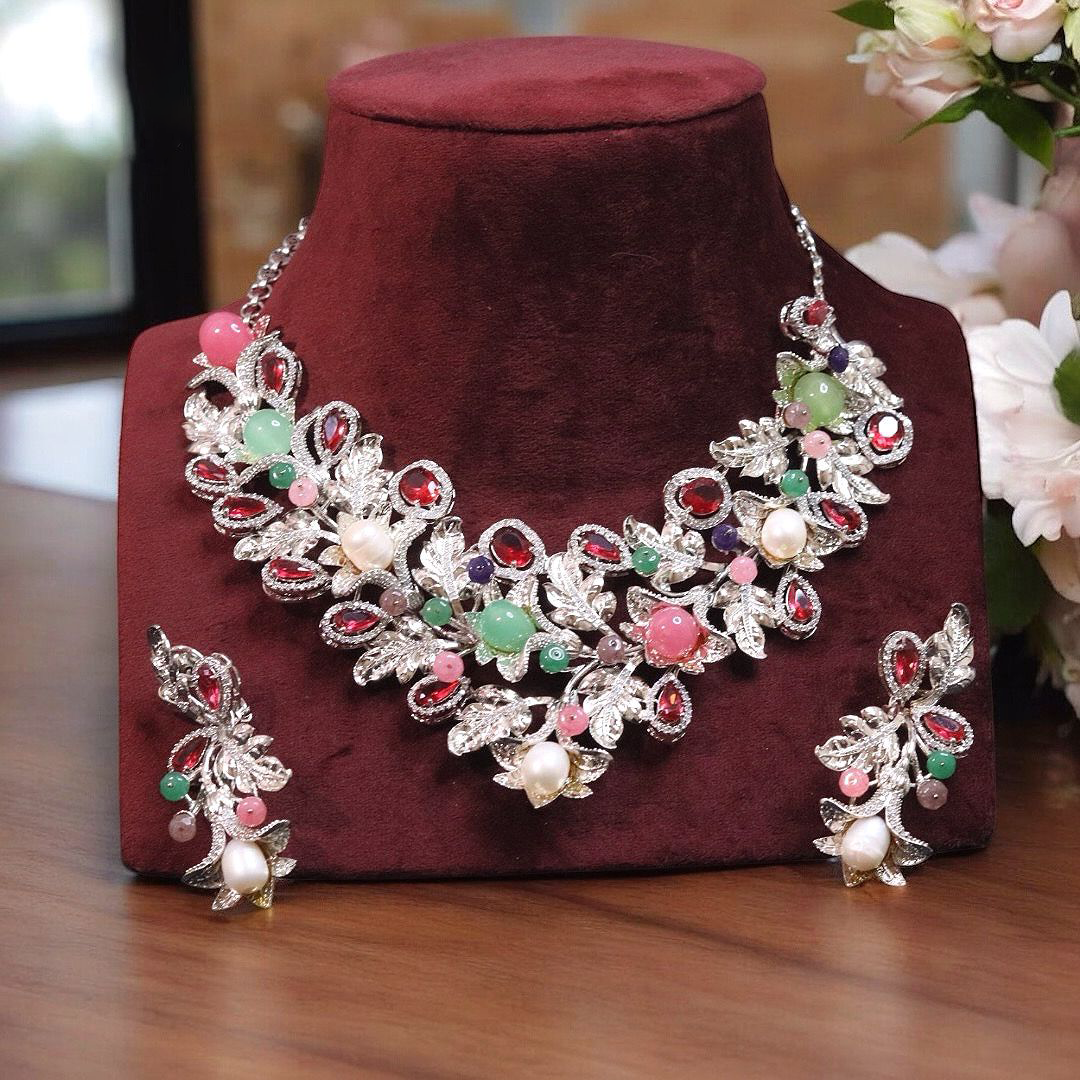 Multicolor Gemstones Bridal Choker Set, Pakistani Floral AD Choker Set, Wedding Indian Polki Choker Set, Bollywood Jewelry Set - Libasaa.com