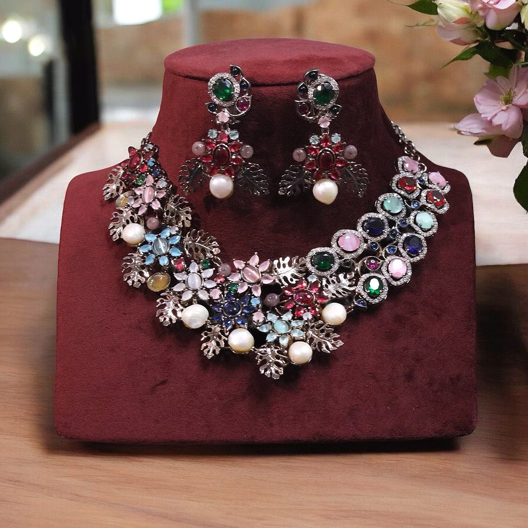 Handcrafted Multicolor Floral Indian Choker Set, Bridal Polki Multicolor Choker Set, Multicolor Polki Pakistani choker Set, Celebrty Polki Jewelry - Libasaa.com