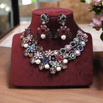 Handcrafted Multicolor Floral Indian Choker Set, Bridal Polki Multicolor Choker Set, Multicolor Polki Pakistani choker Set, Celebrty Polki Jewelry - Libasaa.com