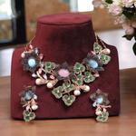 Wedding Green Floral Designed Choker Earrings Set, Bollywood Inspired Floral Choker Set, Celebrity Floral Polki Jewelry, Bridal Polki Floral Choker Jewelry Set - Libasaa.com