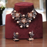 Bollywood Floral Designed Luxe Choker Earrings Set, Celebritties Inspired Floral Choker Jewelry, Floral Jewellery Set, Indian Jewelry Set - Libasaa.com