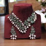 Green Starry Designed Choker Earrings Set, Green Bridal Floral Jewelry Set, Indian Star Inspired Choker Set, Bollywood Star Design Jewelry Set - Libasaa.com