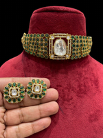 Green Royal Indian Bridal Polki Choker Set, Indian Polki Choker Set, Wedding Polki Jewelry, Pakistani Polki Jewelry Set - Libasaa.com