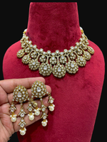 Golden Emerald Polki Indian Choker Set, Pakistani Golden Jewelry Set, Bollywood Choker Set, Wedding Polki Jewelry - Libasaa.com